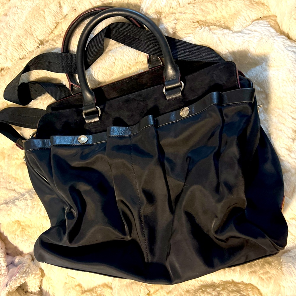 MZ Wallace Black Suede Nylon Red Leather Trim Tote